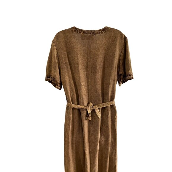 Bila Womens Brown Boho Embroidered Midi Dress L 100% Rayon Short Sleeve Tie Back - Picture 6 of 8